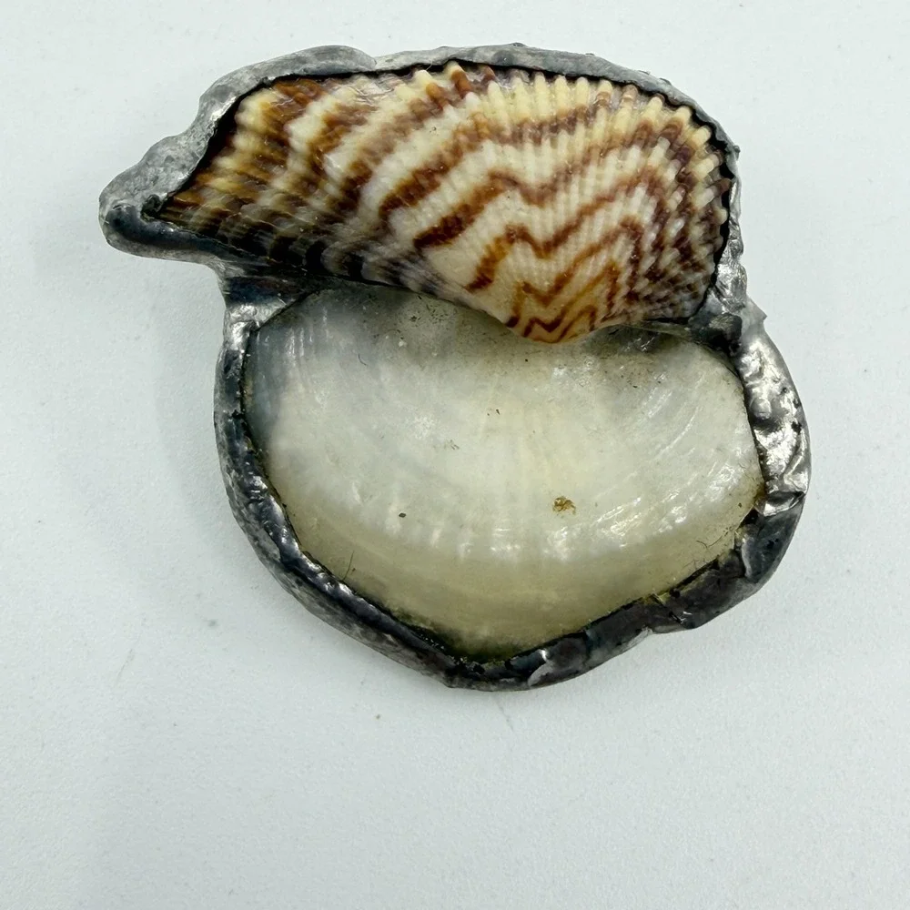 Handmade Seashell Brooch Pin Silver Tone Coastal Beach Boho Statement Jewelry